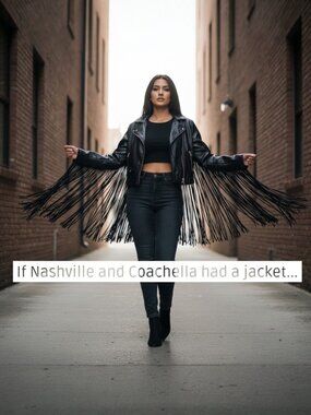 Fashion Nova Black Faux Leather Long Fringe Jacket Moto Biker Boho Western